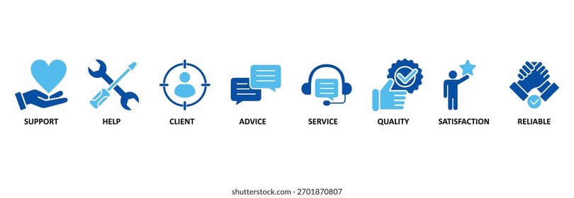 Conjunto de iconos de atención al Cliente en Blue Style Ilustración vectorial para servicio de Asistencia al cliente y telemarketing con un ícono de ayuda, cliente, asesoramiento, chat, servicio, confiabilidad, calidad y satisfacción