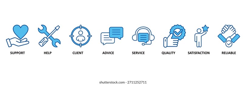 Ícone de atendimento ao cliente definido Na ilustração vetorial estilo azul para suporte ao cliente e serviço de telemarketing com um ícone de ajuda, cliente, conselho, bate-papo, serviço, confiabilidade, qualidade e satisfação