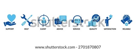 Customer care icon set In Blue Style vector illustration for customer support and telemarketing service with an icon of help, client, advice, chat, service, reliability, quality, and satisfaction