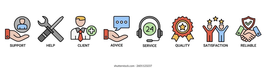 Customer care icon set. Vector illustration concept with icon of help, client, advice, chat, service, reliability, quality and satisfaction icons. Outline color vector symbol background.