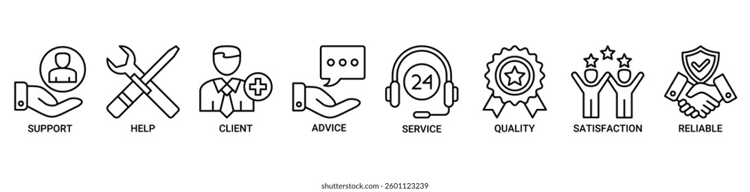 Customer care icon set. Vector illustration concept with icon of help, client, advice, chat, service, reliability, quality and satisfaction icons. Outline vector symbol background.