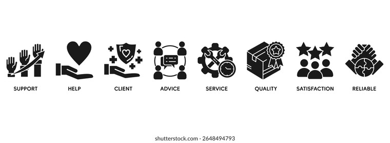 Customer care icon set vector illustration concept relate to customer support and telemarketing service with an icon of help, client, advice, chat, service, reliability, quality, and satisfaction
