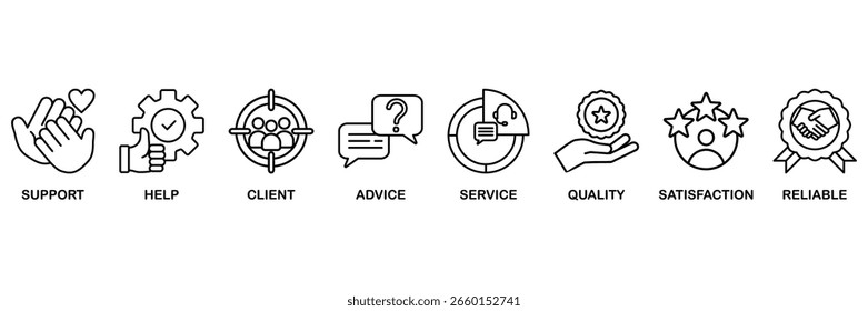 Ícone de atendimento ao cliente define conceito de ilustração vetorial com ícone de atendimento ao cliente e serviço de telemarketing com um ícone de ajuda, cliente, conselho, bate-papo, serviço, confiabilidade, qualidade e satisfação