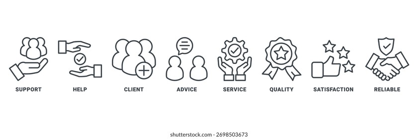 Concepto de Vector de conjunto de iconos de atención Cliente con ícono de ayuda, cliente, asesoramiento, chat, servicio, confiabilidad, calidad y satisfacción