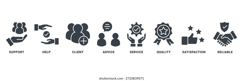 Ícone de atendimento ao cliente define conceito vetorial com ícone de ajuda, cliente, conselho, bate-papo, serviço, confiabilidade, qualidade e satisfação