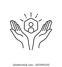 customer care icon with thin line hands. simple linear trend human resource logotype graphic stroke design. concept of individual people choice or good feedback and narrow control or search talent