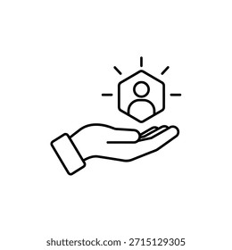 Icono de cuidado Cliente con manos de línea delgada. Tendencia lineal simple Logotipo de recursos humanos Diseño gráfico de trazo. Concepto de elección de personas individuales o buen Comentarios. Diseño de ilustración simple.