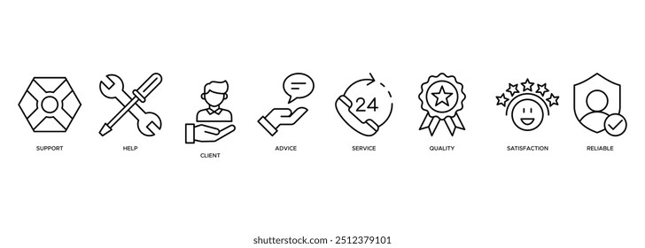 ícone de atendimento ao cliente ilustração vetorial banner web concept with an icon of help, client, advice, chat, service, reliability, quality, and atisation