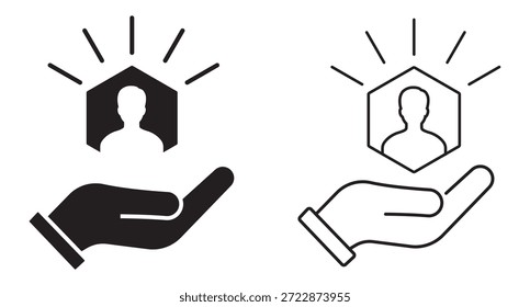 Iconos de cuidado Cliente con línea delgada y manos de estilo de relleno. Vector de iconos de logotipos de recursos humanos de tendencia lineal simple. Iconos del Servicio al cliente con los iconos de la mano. Ilustración vectorial.