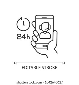 Customer Care Linear Icon. 24 Hours Client Support. Online Contact Center. Operator Chat. Thin Line Customizable Illustration. Contour Symbol. Vector Isolated Outline Drawing. Editable Stroke