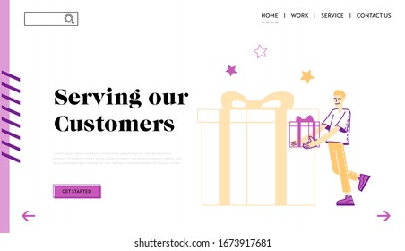 Customer Care and Loyalty Program Landing Page Template. Male Character Carry Wrapped Gift Box Get Present from Store. Consumerism, Special Offer for Clients, Seasonal Sale. Linear Vector Illustration