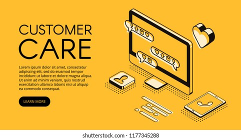 Customer care and online service vector illustration. Call center assistant or business company manager help chat in computer and smartphone in isometric black thin line on yellow halftone design