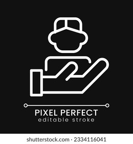 Customer care pixel perfect white linear icon for dark theme. Client friendly environment. Business service. Thin line illustration. Isolated symbol for night mode. Editable stroke. Poppins font used