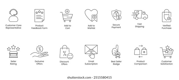 Customer Care Representative, Product Feedback Form, Add to Cart, Add to Wishlist, Secure Payment, Fast Shipping, Verified Purchase, Seller Rating, Exclusive Offers, Discount Offers vector icon set