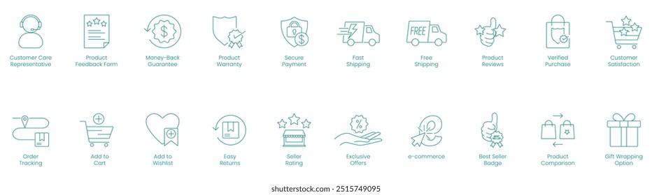 Customer Care Representative, Product Feedback Form, Money Back Guarantee, Product Warranty, Secure Payment, Fast Shipping, Free Shipping, Product Reviews, Verified Purchase vector icon set
