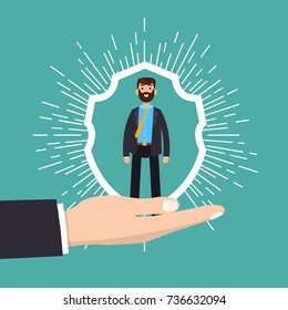 Atención al cliente, retención o concepto de lealtad. Empresario en una mano sostiene al cliente. Ilustración vectorial.
