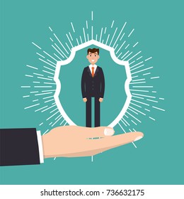 Customer Care, Retention Or Loyalty Concept. Businessman In A Hand Holds  Client. Vector Illustration.