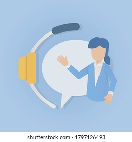 concepto de servicio de atención al cliente iconos planos,Mujer con auriculares,operador de centro de llamadas responde preguntas a un cliente,Ilustración vectorial.