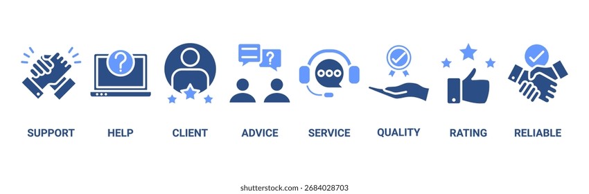 Web-Symbol für Kundenbetreuung, Vektorgrafik-Konzept mit Symbol für Hilfe, Kunde, Beratung, Chat, Service, Zuverlässigkeit, Qualität und Zufriedenheit