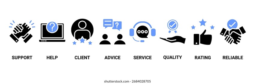 Conceito de ilustração vetorial de ícone da Web de atendimento ao cliente com ícone de ajuda, cliente, conselho, bate-papo, serviço, confiabilidade, qualidade e satisfação