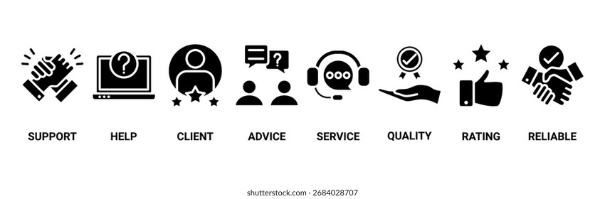 Conceito de ilustração vetorial de ícone da Web de atendimento ao cliente com ícone de ajuda, cliente, conselho, bate-papo, serviço, confiabilidade, qualidade e satisfação