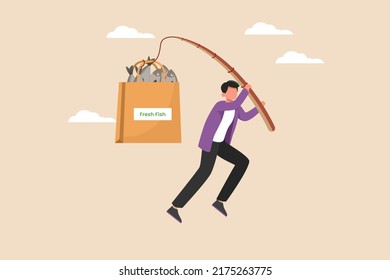 El cliente lleva una bolsa de pescado fresco en un supermercado. Concepto de centro comercial.  Ilustración vectorial plana de color aislada.