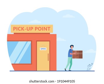Customer carrying box from delivery service office. Pickup point, person receiving parcel, receiver. Flat vector illustration. Logistic, shipping concept for banner, website design or landing web page