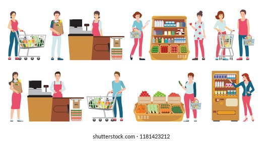 Customer and cashier in supermarket isolated on white, people shopping at grocery store, character cartoon Vector illustration.