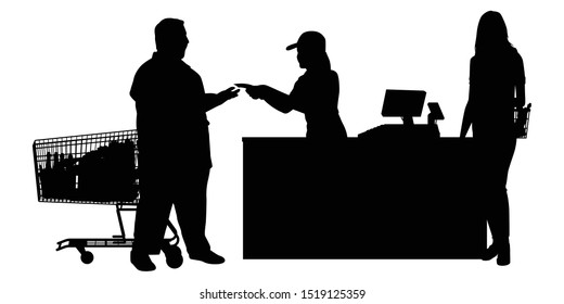 Customer And Cashier In Supermarket Silhouette Vector, Supermarket, Line Waiting Images, Buyer Basket Checkout, Customer Purchase.