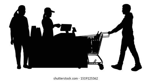 Customer and cashier in supermarket silhouette vector, Supermarket, Line Waiting Images, Buyer Basket Checkout, Customer Purchase.