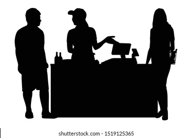 Customer and cashier in supermarket silhouette vector, Supermarket, Line Waiting Images, Buyer Basket Checkout, Customer Purchase.