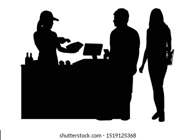 Customer and cashier in supermarket silhouette vector, Supermarket, Line Waiting Images, Buyer Basket Checkout, Customer Purchase.