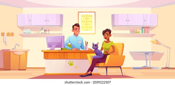 Customer with cat visit vet clinic for medical aid and exam pet. Vector cartoon illustration of veterinarian doctor and woman with kitten in medical office in animal hospital