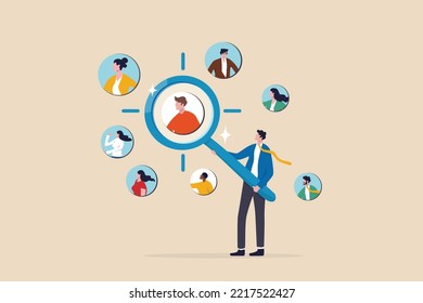 Customer centric marketing strategy to design product and service, UX user experience , advertising focused group concept, businessman with magnifying glass focus on customer, users or people.