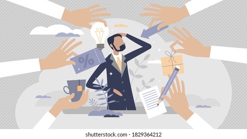 Customer centric performance or client focused offers tiny persons concept. Products or service with advantage accommodation for special partnership as marketing method or strategy vector illustration