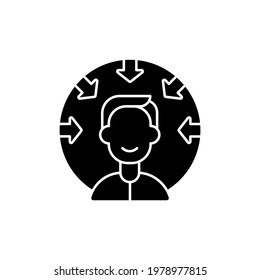 Customer centricity black glyph icon. Consumer satisfaction. Client centric business. Service with integrity. Core corporate values. Silhouette symbol on white space. Vector isolated illustration