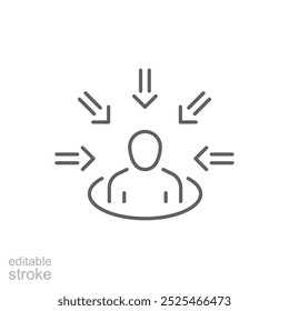 Ícone de centralização do cliente. Estilo de contorno simples. Consumidor centrado, abordagem de cliente em primeiro lugar, pessoa, central, pessoas, conceito de foco humano. Símbolo de linha fina. Ilustração vetorial isolada. Traçado editável.