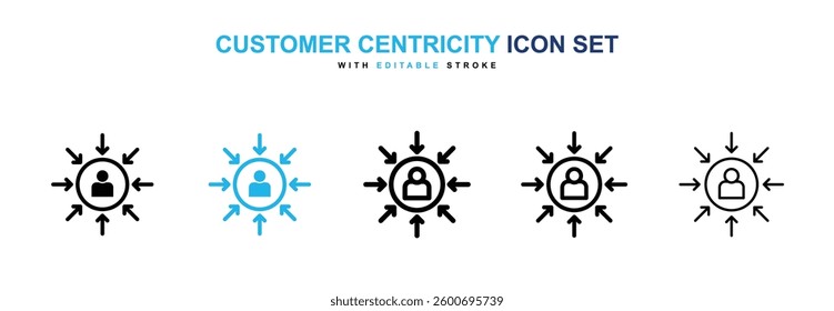 Customer centricity icons graphics set in black and blue colors