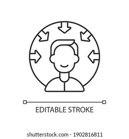 Customer centricity linear icon. Service with integrity. Core corporate values. Thin line customizable illustration. Contour symbol. Vector isolated outline drawing. Editable stroke