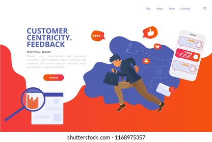 Customer centricity reputation management concept vector illustration. Customer feedback online review site landing page wireframe. Online review report client survey presentation template.