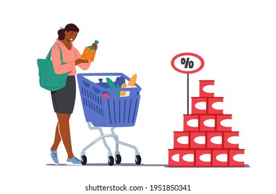 Customer Character in Grocery or Supermarket with Goods in Shopping Trolley Holding Bunch of Carrot in Hand. Woman Visiting Store for Products Purchases. Sale, Consumerism. Cartoon Vector Illustration