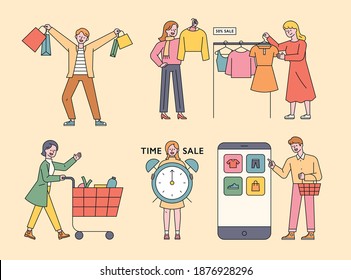 Customer character shopping. People shop on mobile, push shopping carts, pick clothes in a clothing store, and stand with watches. flat design style minimal vector illustration.