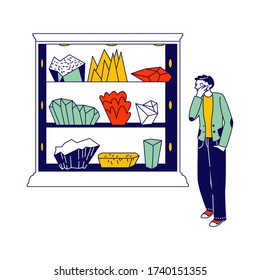 Customer Character Stand front of Shelf with Various Minerals, Rocks and Crystals Thinking of Purchase. Visitor on Minerals Exhibition, Mineralogy, Geology Expo or Museum. Linear Vector Illustration