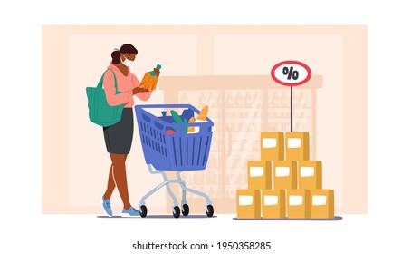 Customer Character Wearing Face Mask Visit Grocery or Supermarket Choose Goods and Put in Shopping Trolley. Woman Holding Bunch of Carrot in Hand. Products Purchases. Sale. Cartoon Vector Illustration