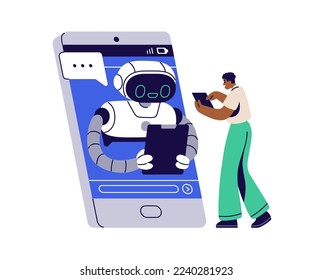 Concepto de comunicación del cliente y de chatbot. Robot, robot de chat de IA en respuesta de teléfono móvil, persona de apoyo. Asistente en línea automatizado. Ilustración vectorial gráfica plana aislada en fondo blanco