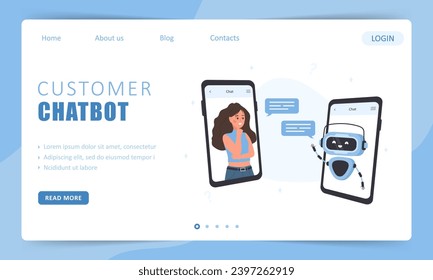 Concepto del robot de chat del cliente. Plantilla de página de inicio. Mujer hablando con un robot. Asistente de IA. Niña haciendo preguntas y recibiendo respuestas. Asistencia en línea. Ilustración vectorial al estilo de las caricaturas planas.