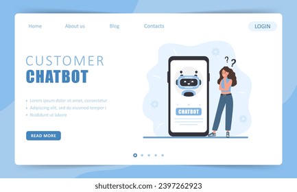 Customer chatbot concept. Landing page template. Woman talking with robot. AI assistant. Girl asking questions and receiving answers. Online support. Vector illustration in flat cartoon style.