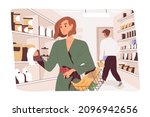 Customer checking grocery list, buying food according to checklist in supermarket. Planned shopping concept. Woman buyer with basket in retail store. Everyday life scene. Flat vector illustration