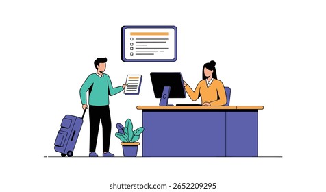Cliente Fazendo Check-In no Hotel Reception Desk com Bagagem e Sistema de Computador para Gestão de Reservas e Serviços de Hóspedes