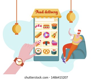 Customer Choose Food for Ordering in Application, Order Eco Market Food Delivery Using Mobile App. Smartphone with Different Products on Screen, Service. Cartoon Flat Vector Illustration, Banner.